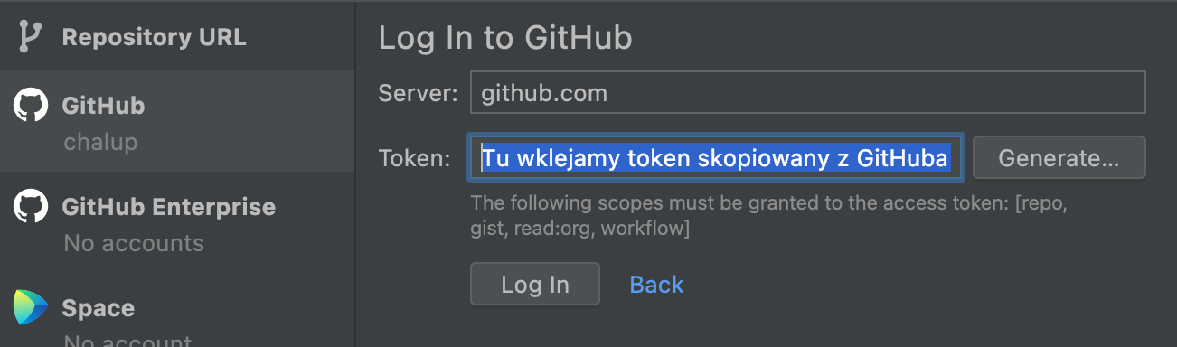 Wklejanie tokena do IntelliJ