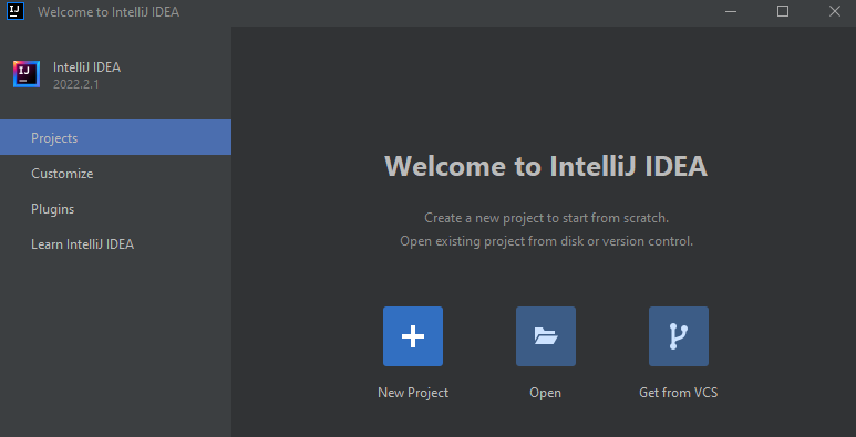 Okno startowe IntelliJ